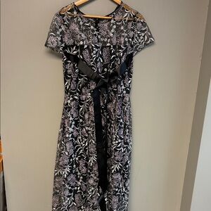 Adrianna Papell Size 14 Black Floral Midi Dress Tie Waist